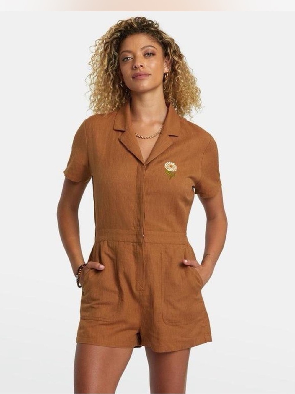 RVCA Short-Sleeve Collared Romper in Rust Brown M